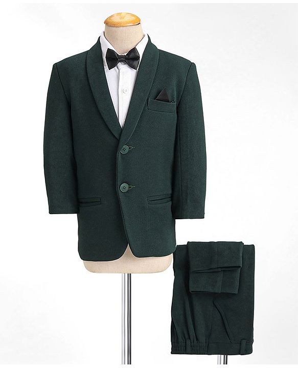 Babyhug Woven Full Sleeves Three Pieces Solid Colour Party Suit With Bow - Green & White