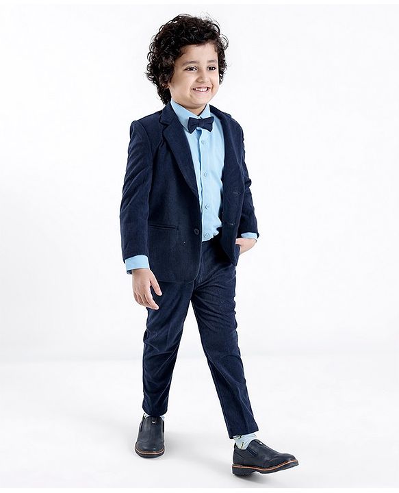 Babyhug Woven Full Sleeves Three Piece Solid Colour Party Suit with Bow - Navy Blue & Light Blue