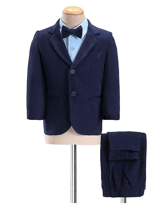 Babyhug Woven Full Sleeves Three Piece Solid Colour Party Suit with Bow - Navy Blue & Light Blue