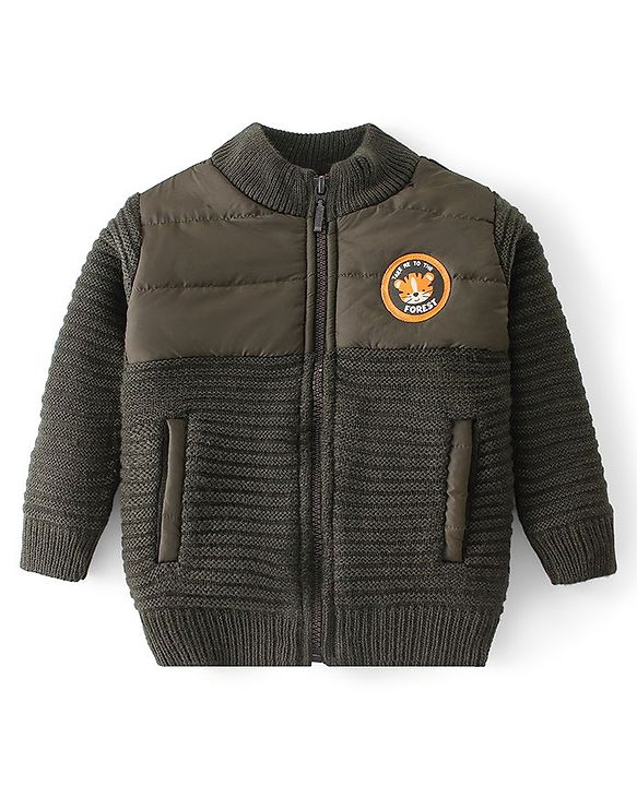 Babyhug Full Sleeves Front Open Sweater with Self Design- Olive