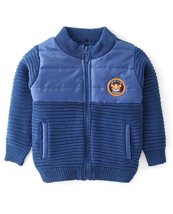 Babyhug Full Sleeves Front Open Sweater Tiger Patch - Navy Blue