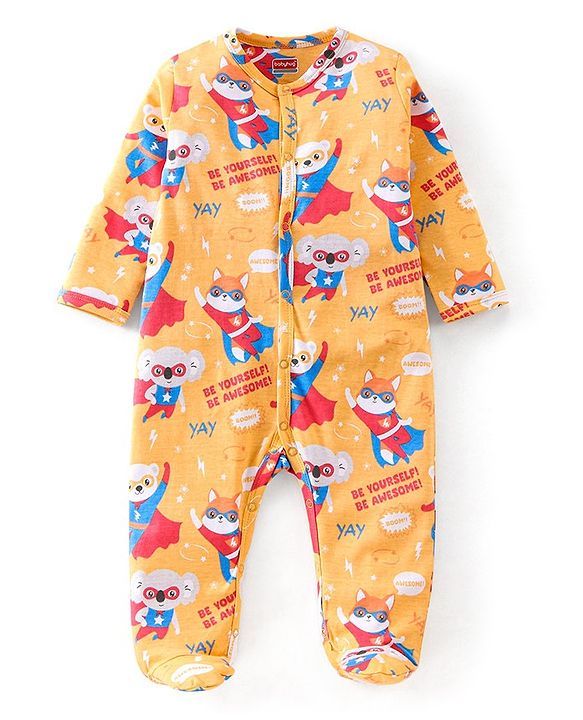 Babyhug Cotton Knit Full Sleeves Super Hero Printed Footed Sleep Suit - Yellow