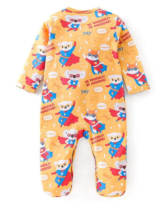 Babyhug Cotton Knit Full Sleeves Super Hero Printed Footed Sleep Suit - Yellow