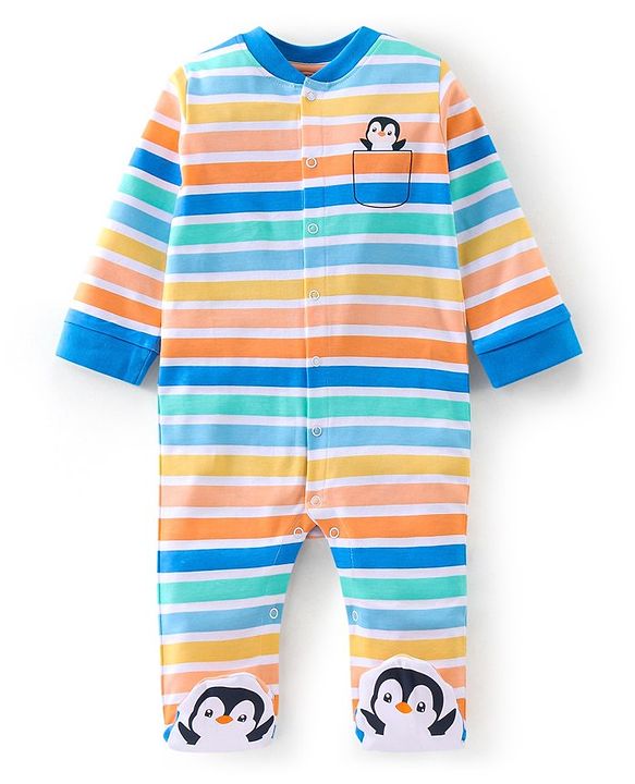 Babyhug Cotton Knit Full Sleeves Striped & Penguin Printed Sleep Suit - Multicolour