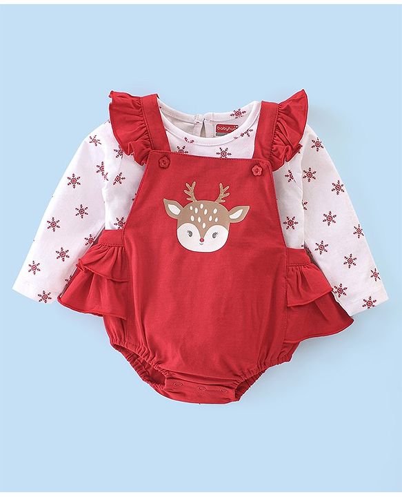 Babyhug 100% Cotton Knit Reindeer Printed Frock Style Onesie with Full Sleeves Inner Tee & Headband - Red
