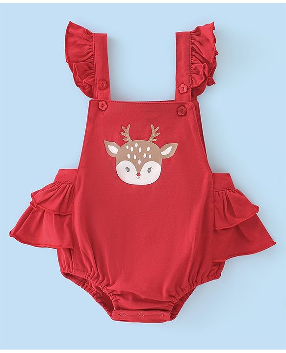 Babyhug 100% Cotton Knit Reindeer Printed Frock Style Onesie with Full Sleeves Inner Tee & Headband - Red