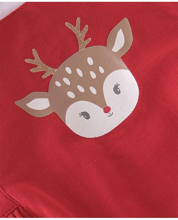 Babyhug 100% Cotton Knit Reindeer Printed Frock Style Onesie with Full Sleeves Inner Tee & Headband - Red