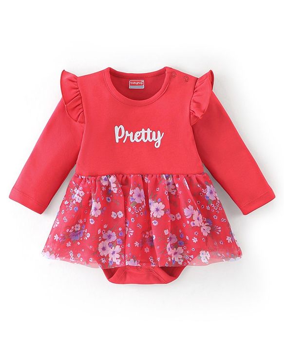 Babyhug 100% Cotton Knit Full Sleeves Frock Style Onesie With Floral & Text Print - Red