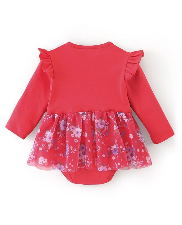 Babyhug 100% Cotton Knit Full Sleeves Frock Style Onesie With Floral & Text Print - Red
