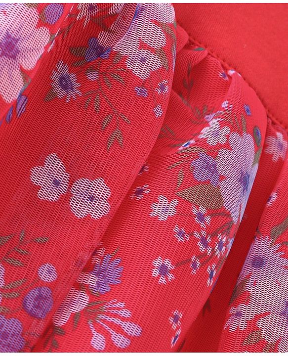Babyhug 100% Cotton Knit Full Sleeves Frock Style Onesie With Floral & Text Print - Red