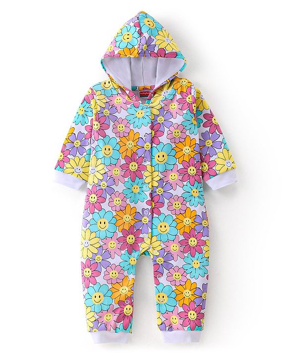Babyhug 100% Cotton Knit Full Sleeves Hooded Romper with Floral Print - Multicolour