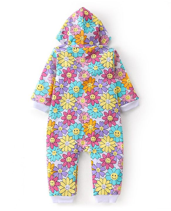Babyhug 100% Cotton Knit Full Sleeves Hooded Romper with Floral Print - Multicolour