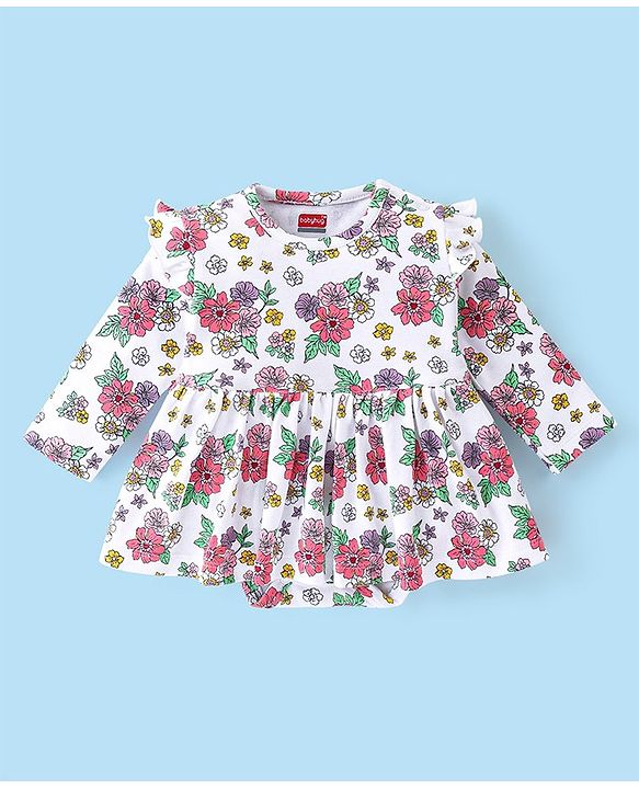 Babyhug 100% Cotton Knit Full Sleeves Floral Printed Frock Style Onesie  - White