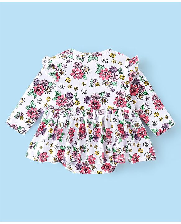 Babyhug 100% Cotton Knit Full Sleeves Floral Printed Frock Style Onesie  - White