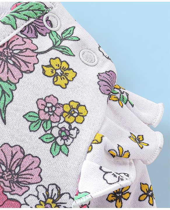 Babyhug 100% Cotton Knit Full Sleeves Floral Printed Frock Style Onesie  - White