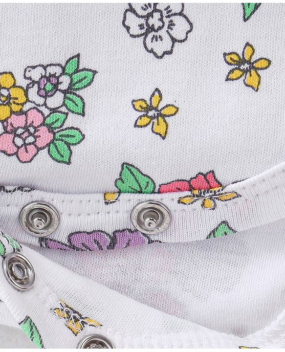 Babyhug 100% Cotton Knit Full Sleeves Floral Printed Frock Style Onesie  - White