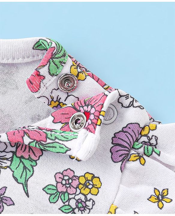 Babyhug 100% Cotton Knit Full Sleeves Floral Printed Frock Style Onesie  - White