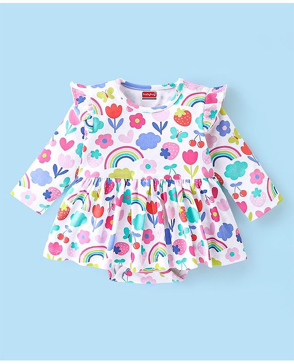 Babyhug 100% Cotton Knit Full Sleeves Floral Printed Frock Style Onesie  - Multicolour