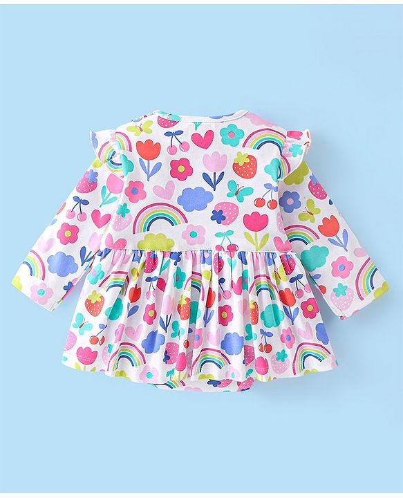 Babyhug 100% Cotton Knit Full Sleeves Floral Printed Frock Style Onesie  - Multicolour