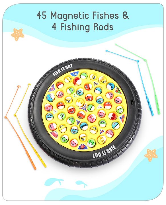 Babyhug Tyre Musical Fish Catching Game With Rotating Board 45 Fishes- Multicolour