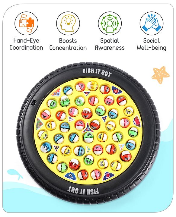 Babyhug Tyre Musical Fish Catching Game With Rotating Board 45 Fishes- Multicolour
