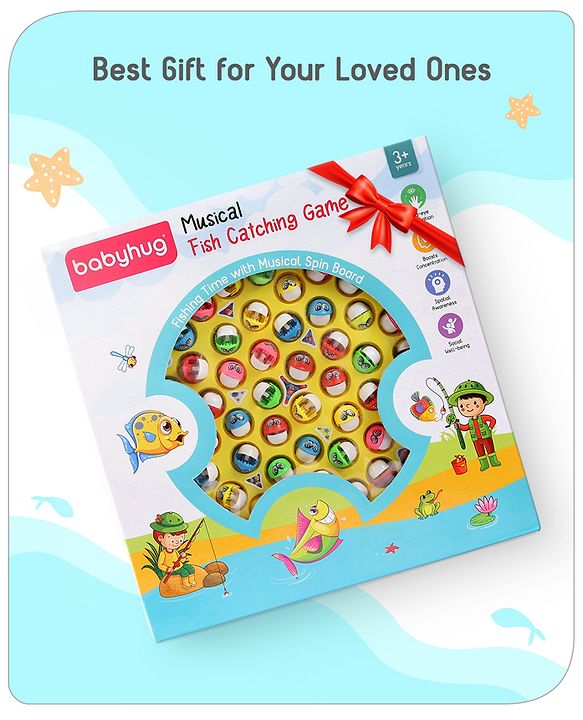 Babyhug Tyre Musical Fish Catching Game With Rotating Board 45 Fishes- Multicolour