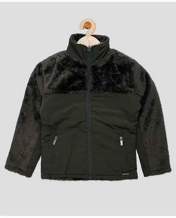 Pampolina Fleece Full Sleeves Solid Quilted Jacket Olive Green