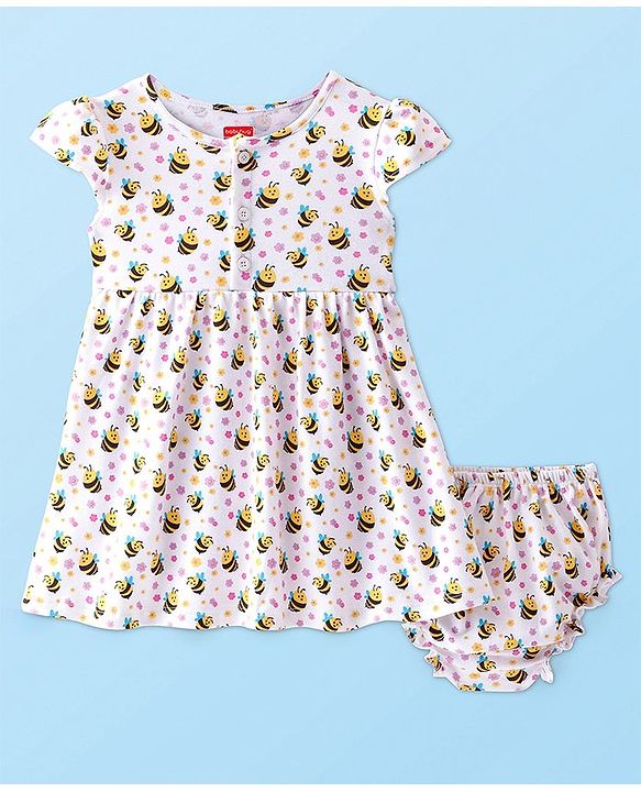 Babyhug 100% Cotton Single Jersey Knit half Sleeves Frock With Bloomer Honey Bee Print - White