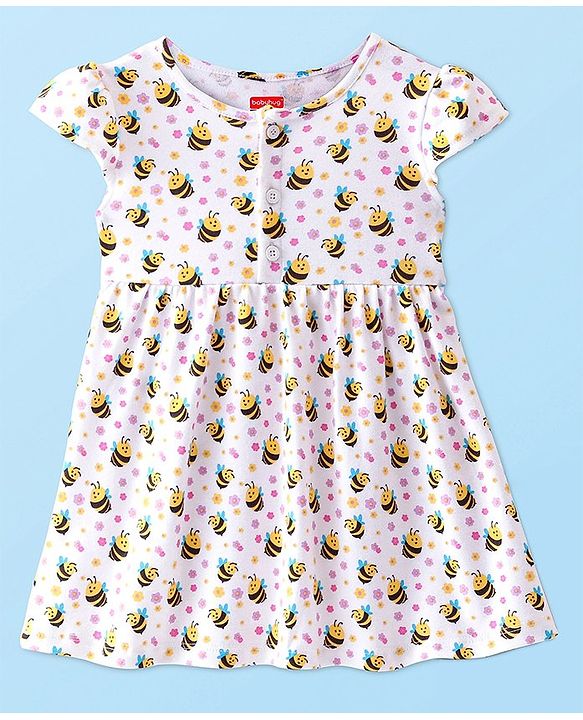 Babyhug 100% Cotton Single Jersey Knit half Sleeves Frock With Bloomer Honey Bee Print - White