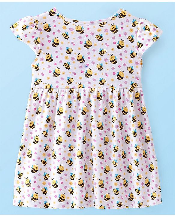 Babyhug 100% Cotton Single Jersey Knit half Sleeves Frock With Bloomer Honey Bee Print - White