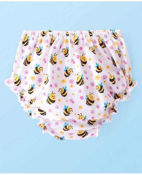 Babyhug 100% Cotton Single Jersey Knit half Sleeves Frock With Bloomer Honey Bee Print - White