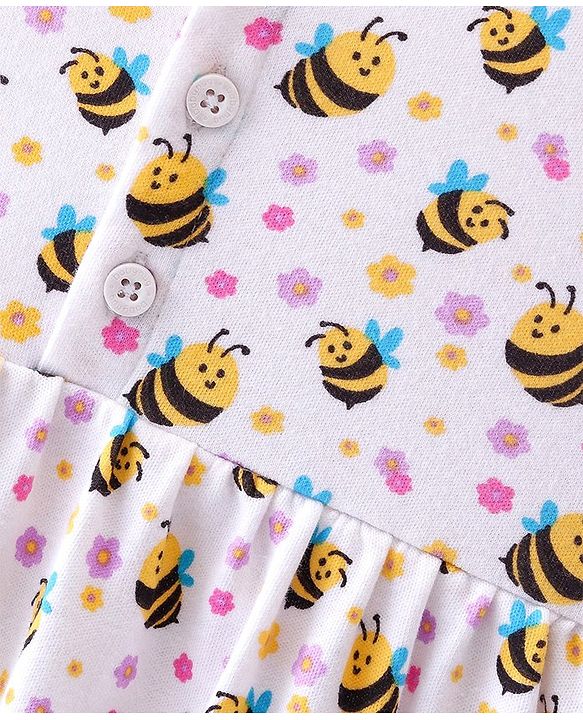 Babyhug 100% Cotton Single Jersey Knit half Sleeves Frock With Bloomer Honey Bee Print - White