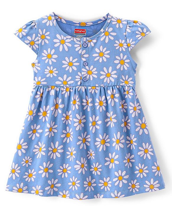 Babyhug Interlock Cotton Knit Cap Sleeves Floral Printed Frock - Blue & White