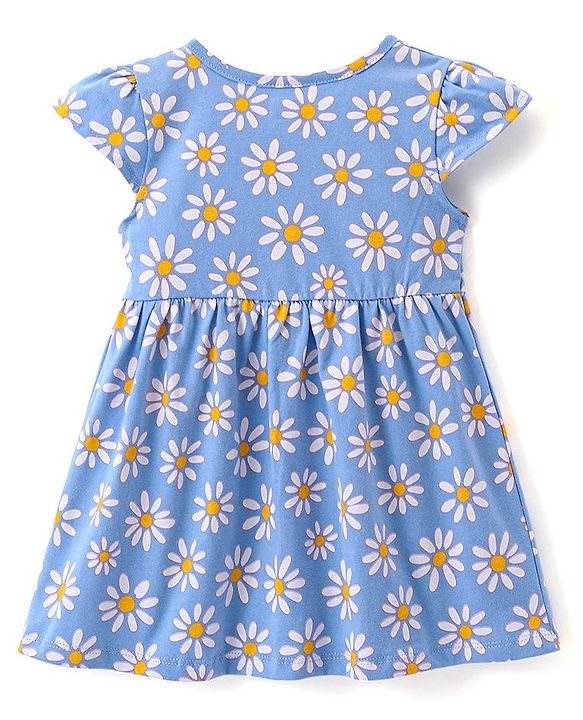 Babyhug Interlock Cotton Knit Cap Sleeves Floral Printed Frock - Blue & White