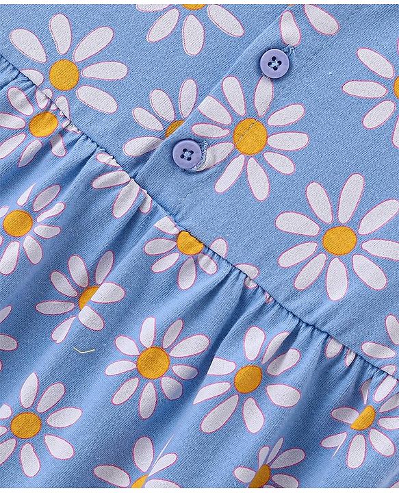 Babyhug Interlock Cotton Knit Cap Sleeves Floral Printed Frock - Blue & White