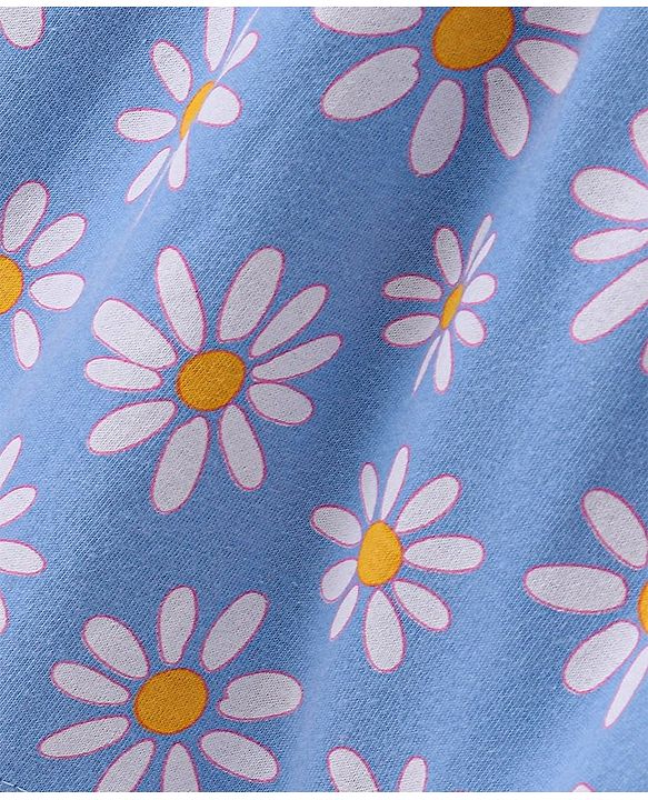 Babyhug Interlock Cotton Knit Cap Sleeves Floral Printed Frock - Blue & White