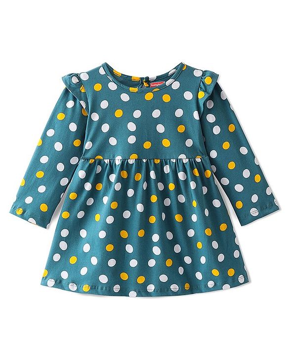 Babyhug 100% Cotton Knit Full Sleeves Frock with Polka Dot Print - Multicolor