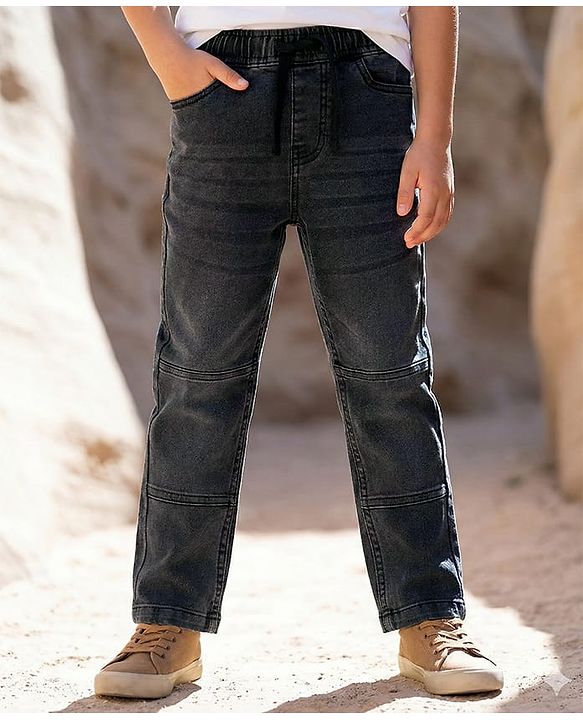 Pine Kids Full Length Elasticated Waist Solid Color Jogger Fit Denim Jeans - Black
