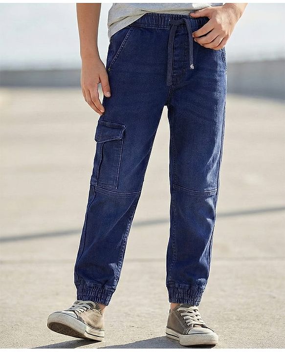 Pine Kids Full Length Jogger Fit Cut & Sew Elasticated Waist Solid Color Denim Jeans - Blue