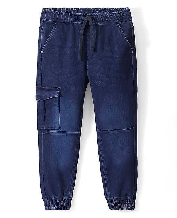 Pine Kids Full Length Jogger Fit Cut & Sew Elasticated Waist Solid Color Denim Jeans - Blue