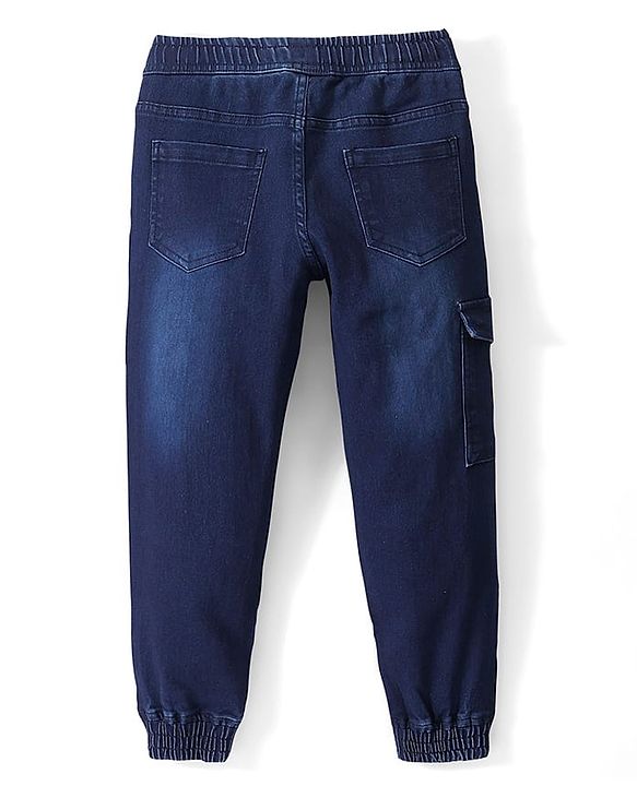 Pine Kids Full Length Jogger Fit Cut & Sew Elasticated Waist Solid Color Denim Jeans - Blue