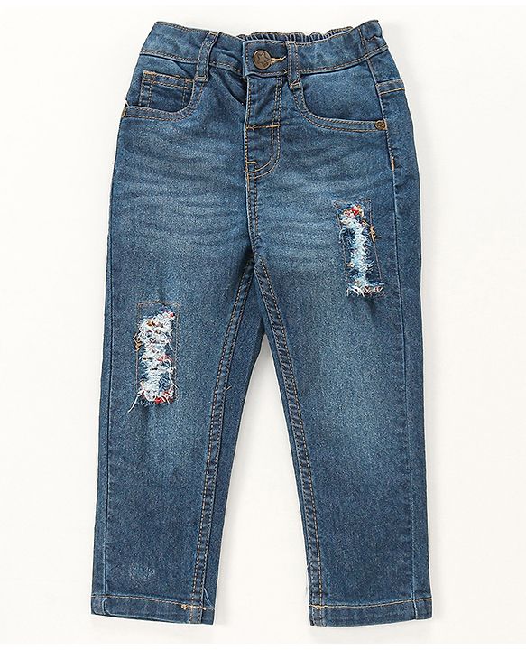 Babyhug Denim Washed Full Length Jeans with Stretch -Blue