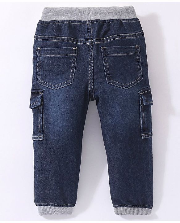 Babyhug Denim Full Length Jogger With Stretch Solid Colour - Dark Blue