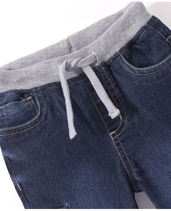 Babyhug Denim Full Length Jogger With Stretch Solid Colour - Dark Blue