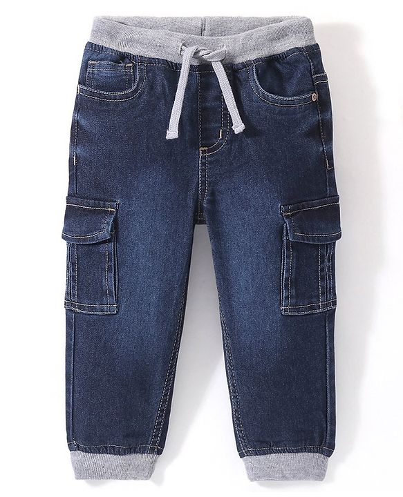 Babyhug Denim Full Length Jogger With Stretch Solid Colour - Dark Blue