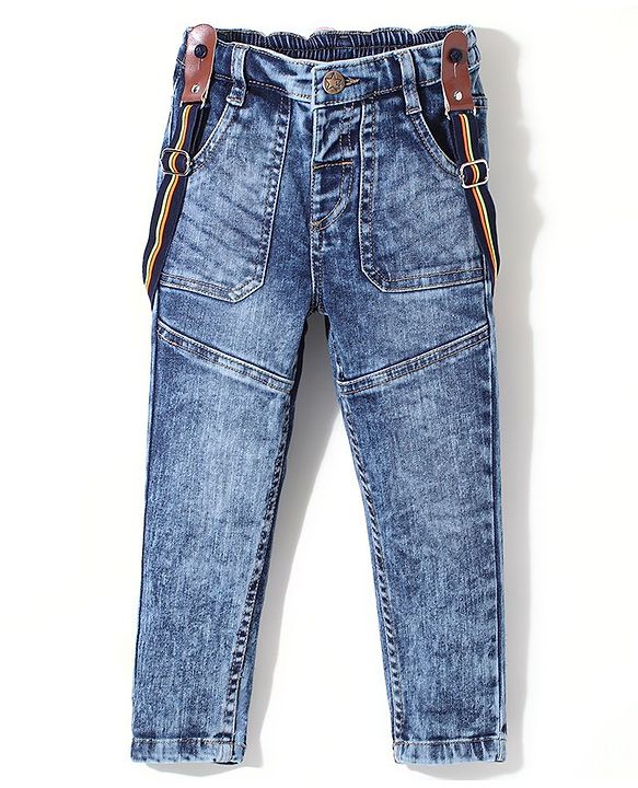 Babyhug DENIM Washed Full Length Jeans With Stretch & Suspender - Blue