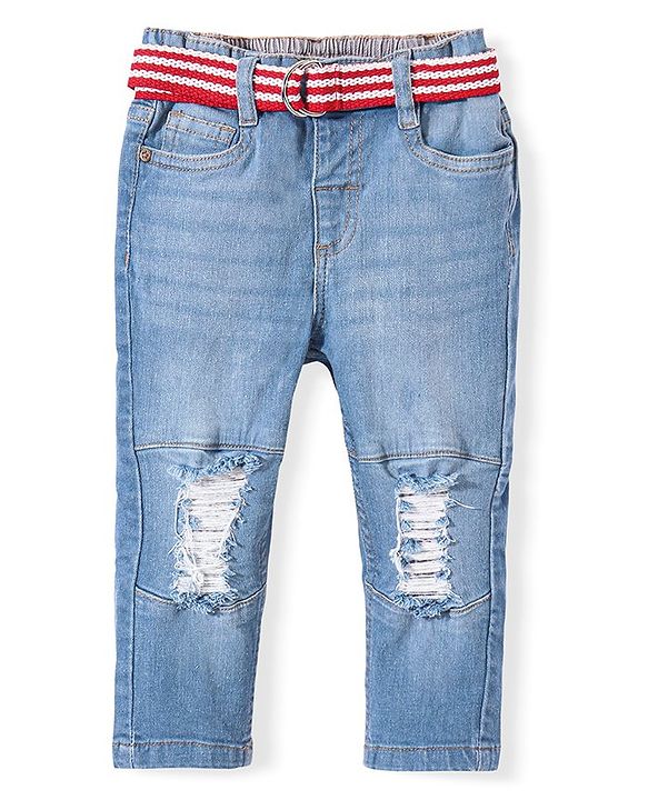 Babyhug Denim Full Length with Stretch Washed Distressed Jeans Solid Colour-  Blue