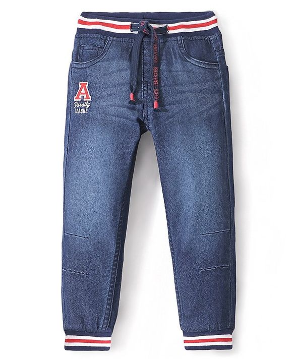 Babyhug Cotton Denim Solid Joggers With Stretch - Blue