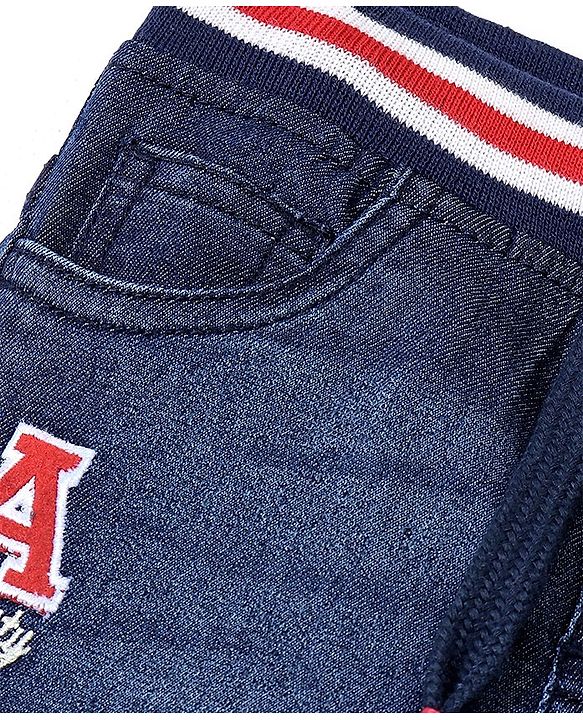 Babyhug Cotton Denim Solid Joggers With Stretch - Blue