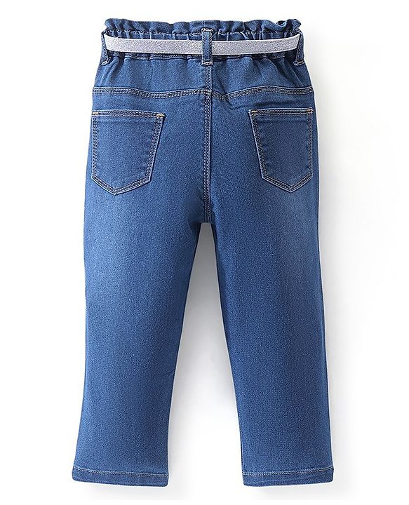 Babyhug Full length Jeans With Stretch with Belt &  Floral Embroidery - Blue